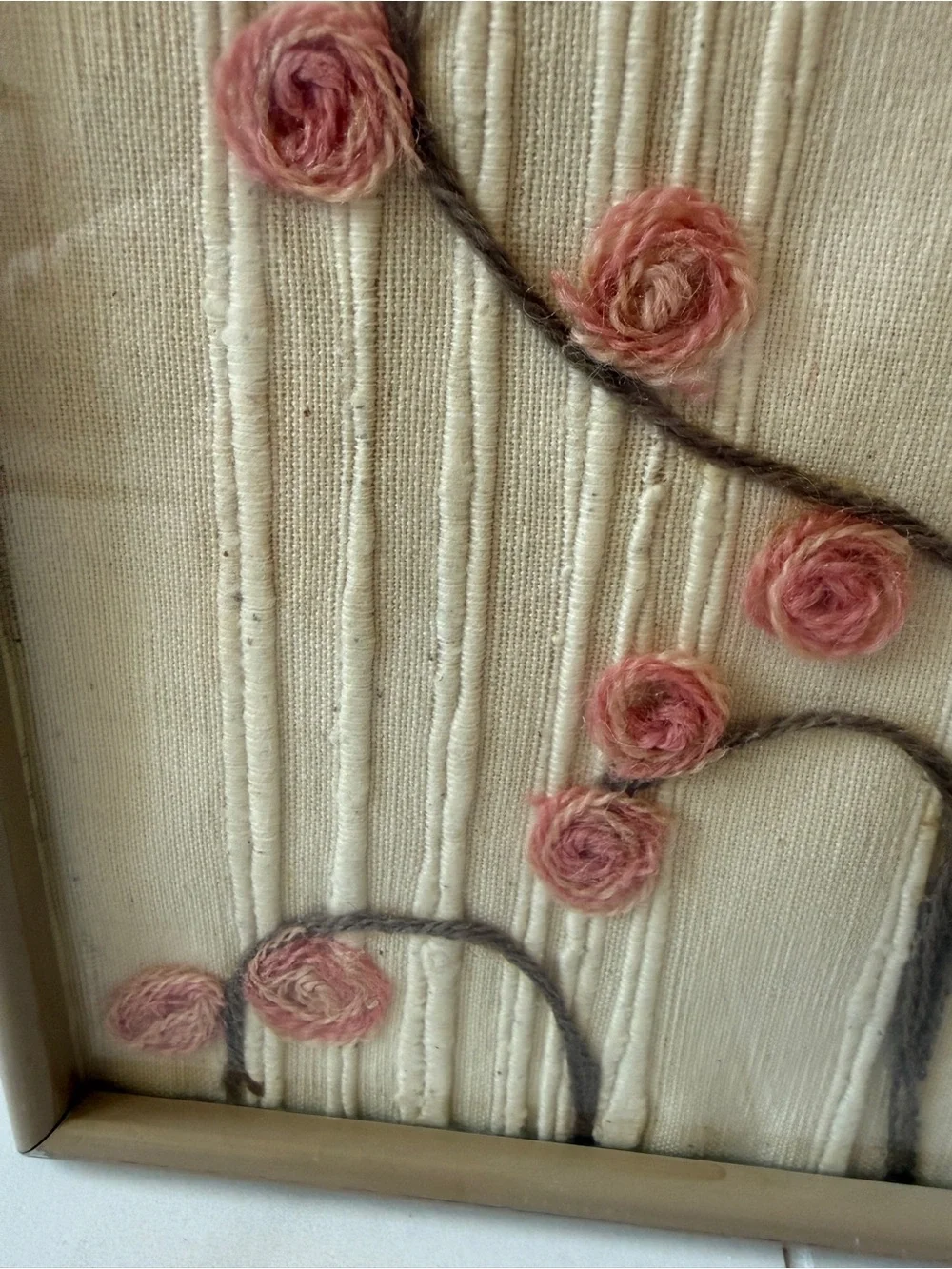 VTG 70s Framed Yarn Art 3D Pink Floral Fiber Art MCM Boho Decor 21